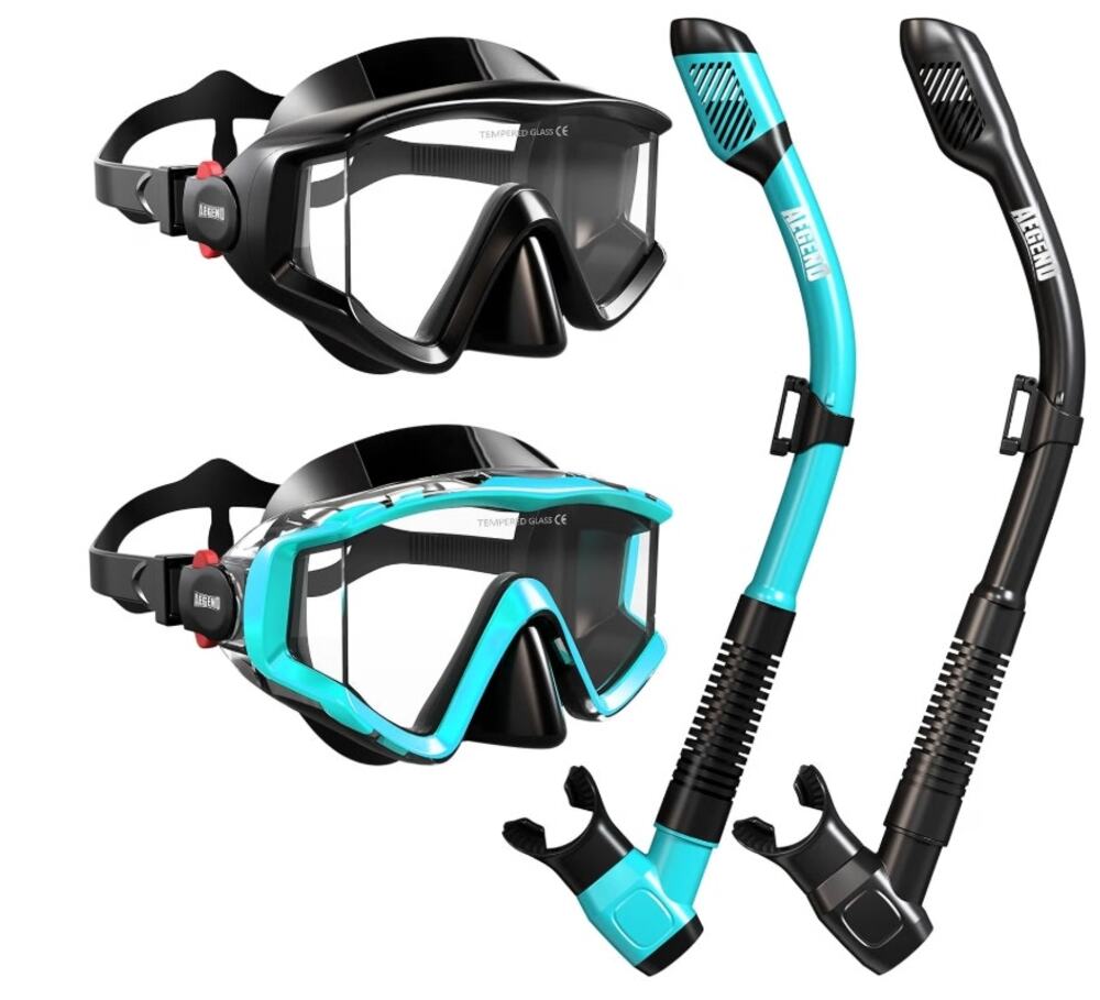 Adult Snorkel Set 2 Pack Masks Dry Top Snorkels Black & Light Blue